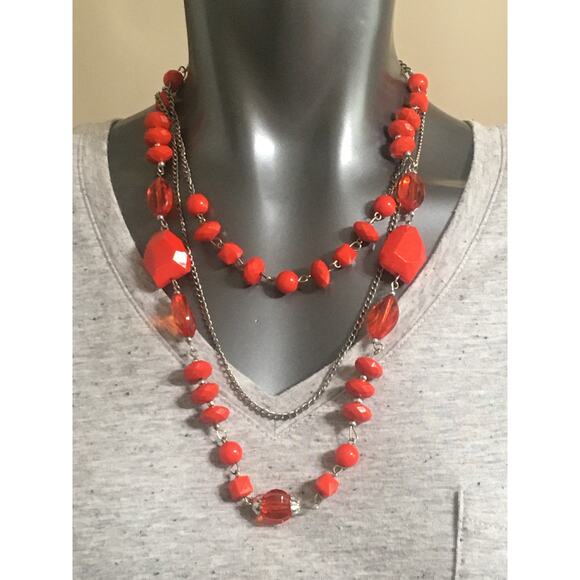 Pretty Reddish Orange Layered Beaded & Silver Tone Chain Necklace - Picture 1 of 2